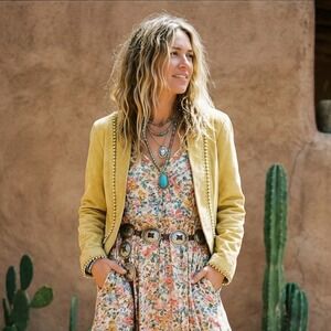 Vintage Sophie Chang Studio Suede Jacket Womens 16 Beaded Trim‎ Yellow Leather